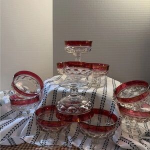 Vintage 1950s Tiffin Franciscan King’s Crown cranberry sherbet/glasses set of 11